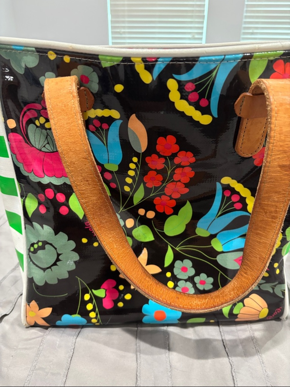 Floral Patent Tote Bag with Tan Leather Handles